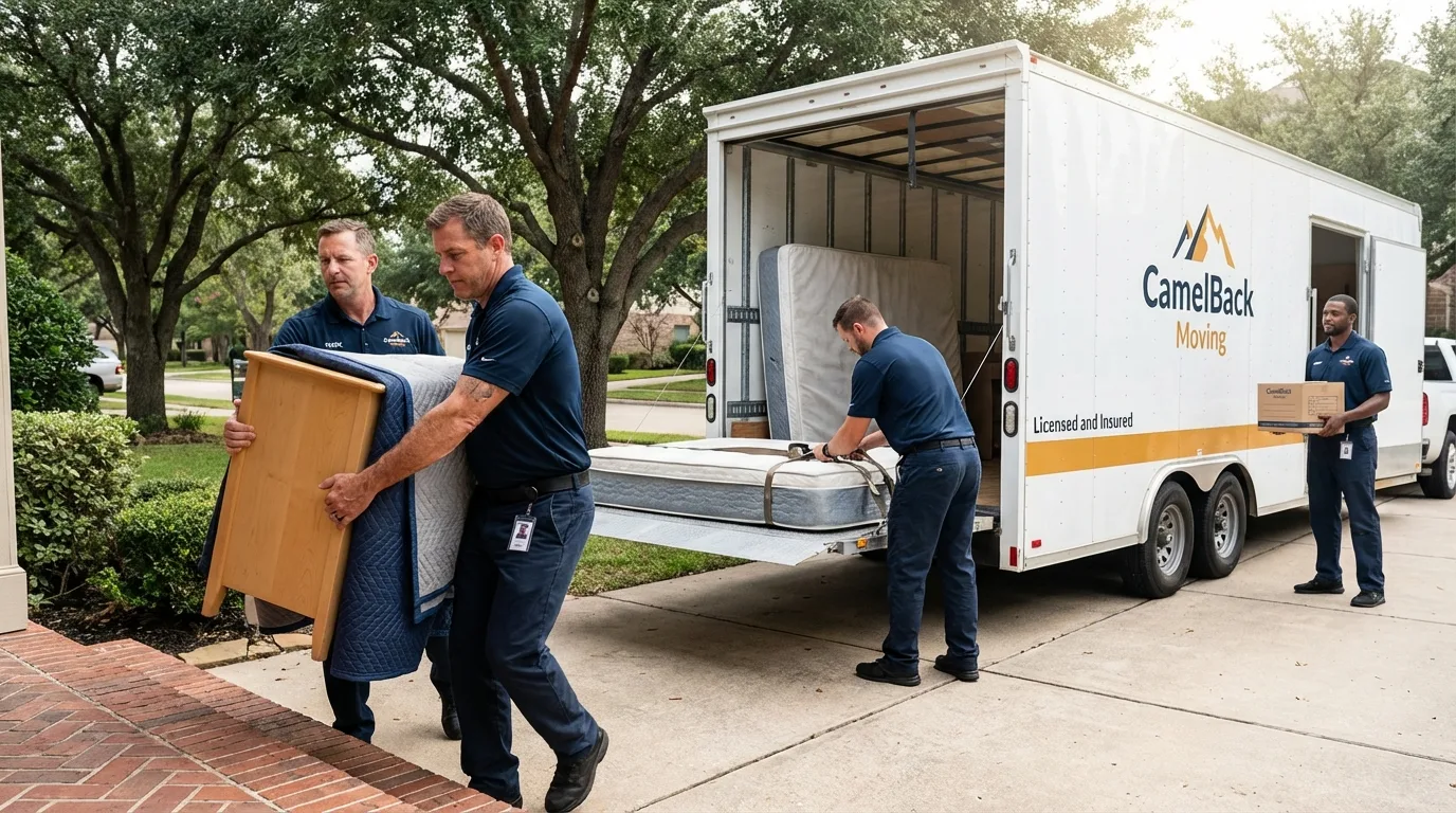Crew loading residential truck for cross-state move from Crawfordsville, IN