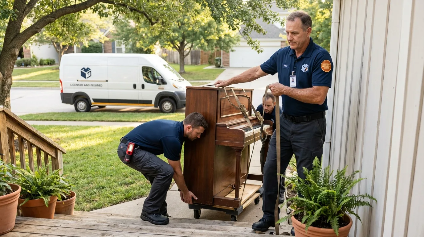 Licensed piano movers securing grand piano in Crawfordsville, IN