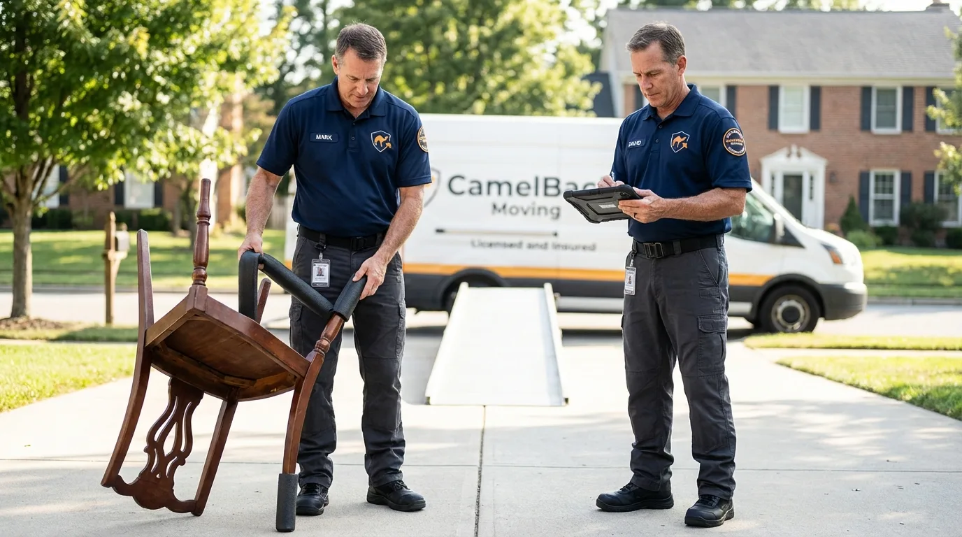 Movers inspecting furniture for damage prevention before loading in Crawfordsville, IN
