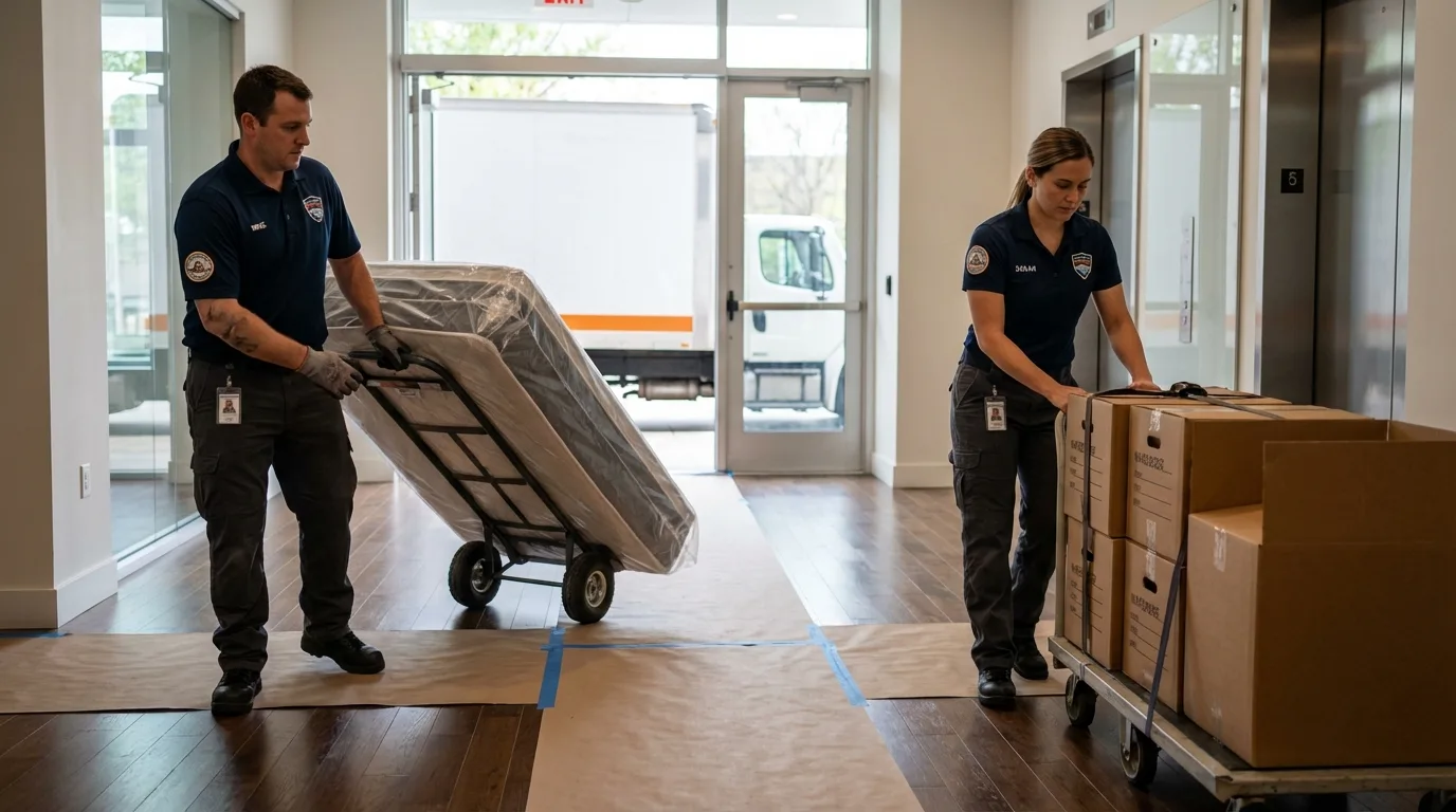 Professional apartment movers loading elevator in Crawfordsville, IN